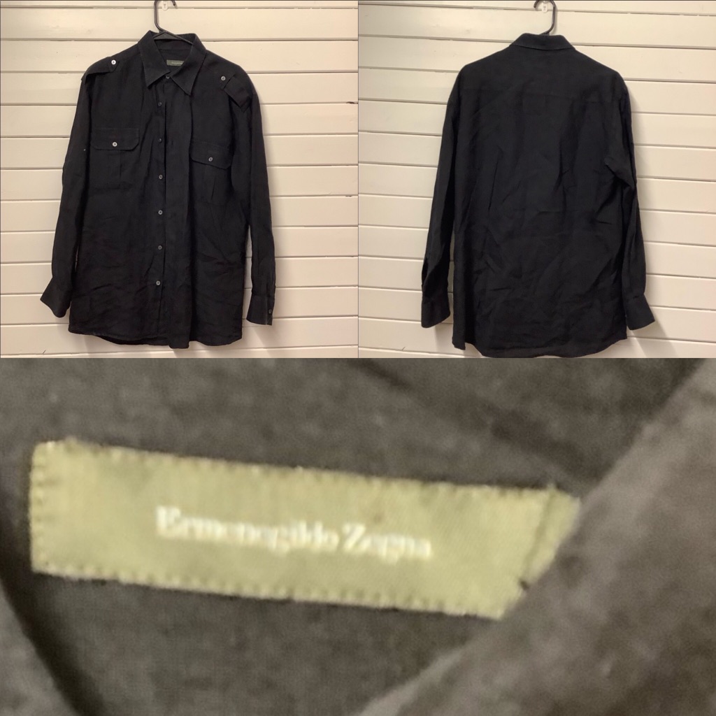Preowned Zegna Black Linen Button Down Shirt Lrg